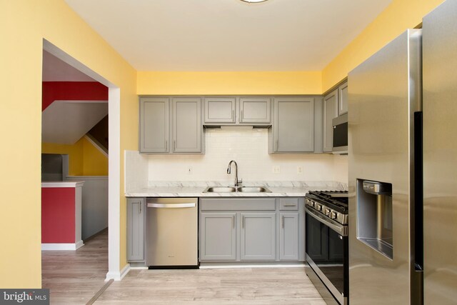 10305 Butternut Cir, Manassas, VA 20110 - kitchen featuring stainless steel appliances, gray cabinets, a sink, light wood-style floors, and decorative backsplash