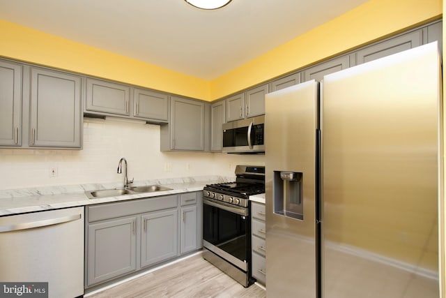 10305 Butternut Cir, Manassas, VA 20110 - kitchen featuring appliances with stainless steel finishes, gray cabinets, a sink, light countertops, and backsplash