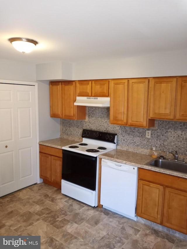28 Ridgewood Pl, Willingboro, NJ 08046 - kitchen featuring dishwasher, electric stove, under cabinet range hood, a sink, and decorative backsplash