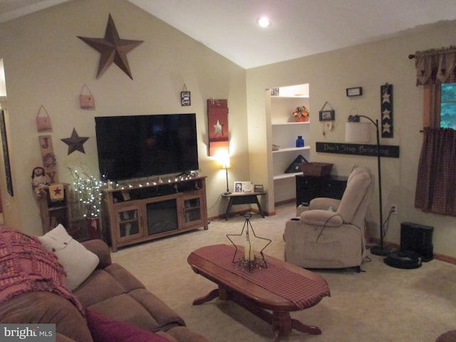 151 Juniper Dr, Ridgeley, WV 26753 - living room with carpet flooring, built in features, lofted ceiling, recessed lighting, and baseboards