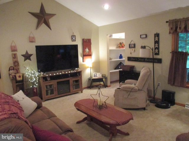 151 Juniper Dr, Ridgeley, WV 26753 - carpeted living area featuring built in shelves, lofted ceiling, recessed lighting, and baseboards