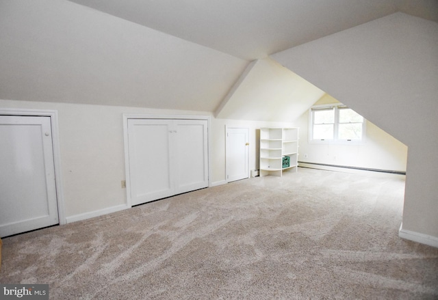715 Susquehanna Cir, Newark, DE 19711 - additional living space with a baseboard heating unit, vaulted ceiling, carpet floors, baseboards, and a baseboard radiator