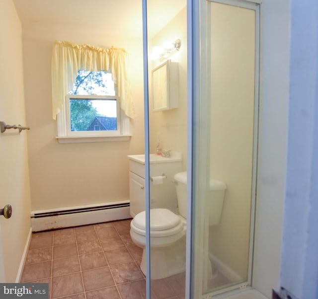 715 Susquehanna Cir, Newark, DE 19711 - full bathroom with baseboard heating, toilet, a stall shower, tile patterned flooring, and vanity