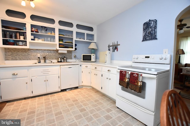 715 Susquehanna Cir, Newark, DE 19711 - kitchen featuring white appliances, a sink, open shelves, light countertops, and white cabinetry