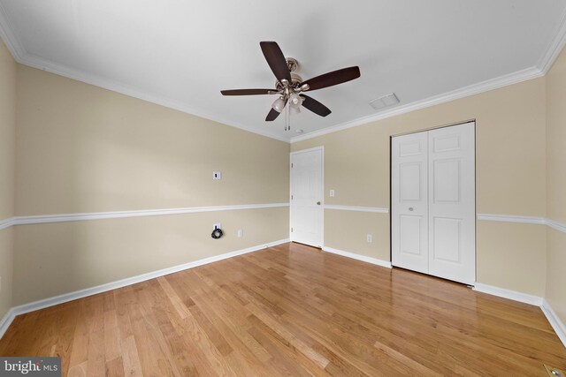 14 Osprey Ln, Bayville, NJ 08721 - unfurnished bedroom with light wood-style flooring, baseboards, a closet, crown molding, and ceiling fan