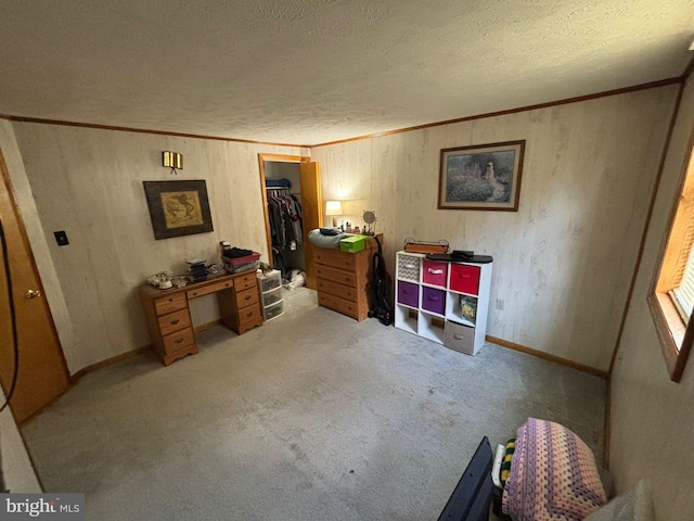 office space with a textured ceiling, light carpet, ornamental molding, and wooden walls