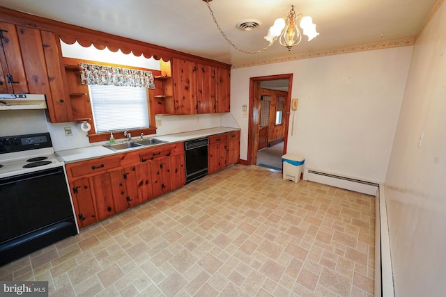 407 Elizabeth St, Georgetown, DE 19947 - kitchen featuring electric range, dishwasher, open shelves, baseboard heating, and under cabinet range hood