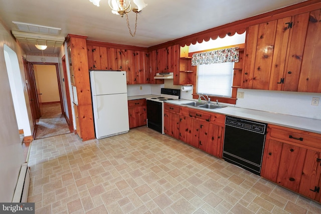 407 Elizabeth St, Georgetown, DE 19947 - kitchen with freestanding refrigerator, dishwasher, electric range, a baseboard radiator, and under cabinet range hood