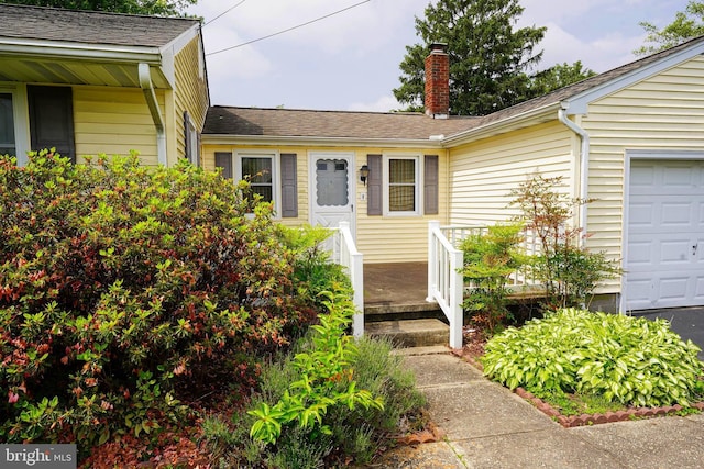 407 Elizabeth St, Georgetown, DE 19947 - doorway to property featuring a chimney, a shingled roof, and a garage