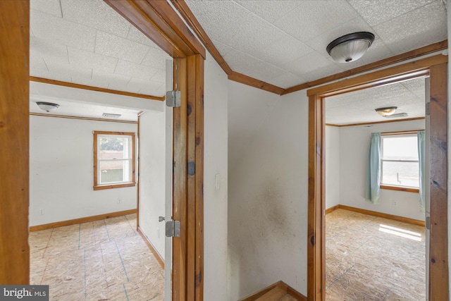 hallway featuring plenty of natural light, baseboards, and ornamental molding