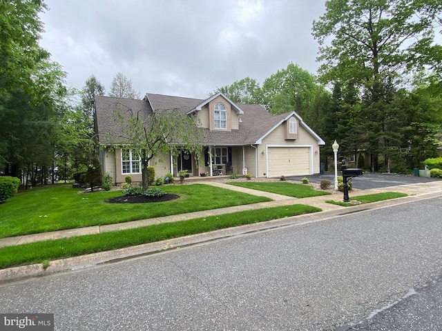 4 Tall Oaks Dr, Pottsville, PA 17901 - traditional-style house with asphalt driveway, an attached garage, a front lawn, covered porch, and a shingled roof