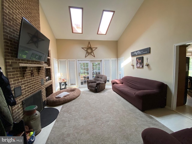 4 Tall Oaks Dr, Pottsville, PA 17901 - living area featuring high vaulted ceiling, a brick fireplace, tile patterned floors, and carpet