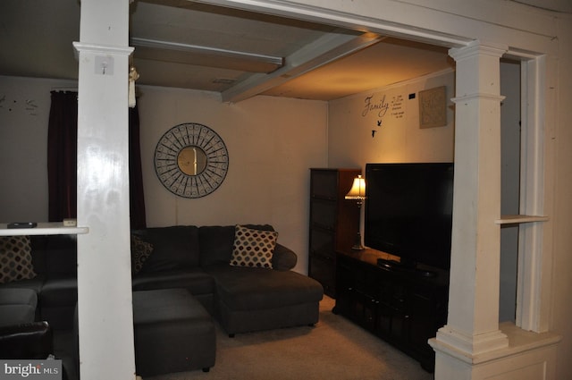 2147 Cloverleaf Rd, Mount Joy, PA 17552 - carpeted living area featuring decorative columns and beamed ceiling