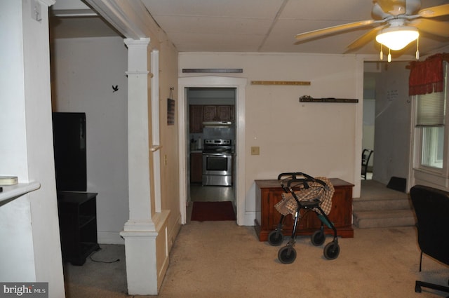 2147 Cloverleaf Rd, Mount Joy, PA 17552 - living area featuring ornate columns, light carpet, and a ceiling fan