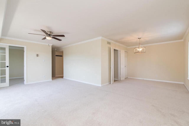 3100 S Manchester St S Unit 915, Falls Church, VA 22044 - empty room with ornamental molding, baseboards, a chandelier, light carpet, and a ceiling fan