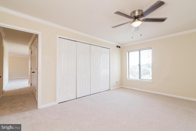 3100 S Manchester St S Unit 915, Falls Church, VA 22044 - unfurnished bedroom featuring carpet flooring, crown molding, baseboards, a closet, and ceiling fan