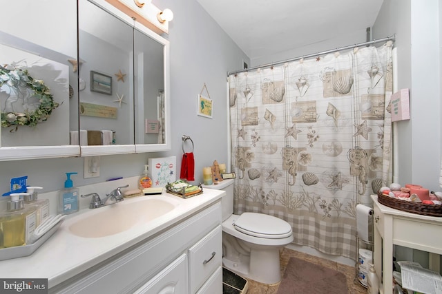 full bath with vanity, toilet, tile patterned flooring, and a shower with shower curtain