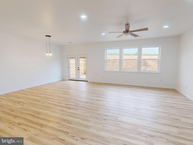 294 Meadow Flower Cir, Bellefonte, PA 16823 - unfurnished living room featuring french doors, ceiling fan, light wood-style floors, recessed lighting, and baseboards