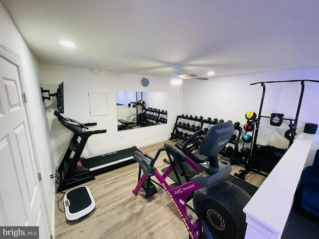 128 Eagle Rd, Dillsburg, PA 17019 - exercise room featuring ceiling fan, wood finished floors, and recessed lighting