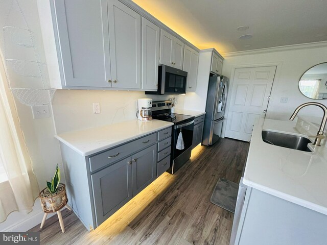 128 Eagle Rd, Dillsburg, PA 17019 - kitchen featuring appliances with stainless steel finishes, a sink, dark wood-style flooring, light countertops, and gray cabinets