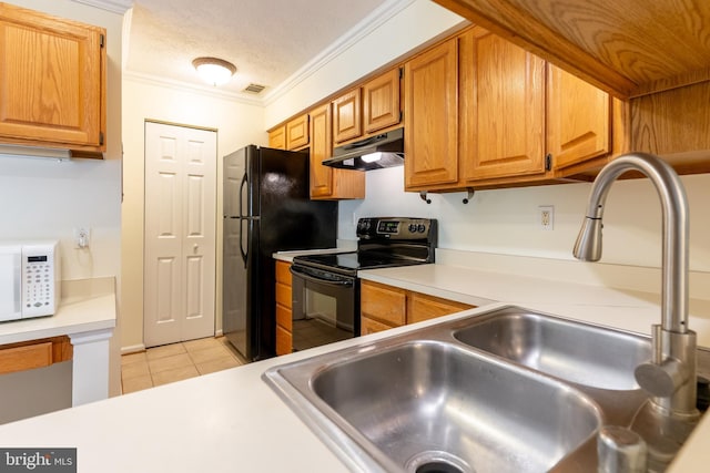 12216 Eagles Nest Ct Unit G, Germantown, MD 20874 - kitchen featuring black appliances, under cabinet range hood, light tile patterned floors, a sink, and light countertops
