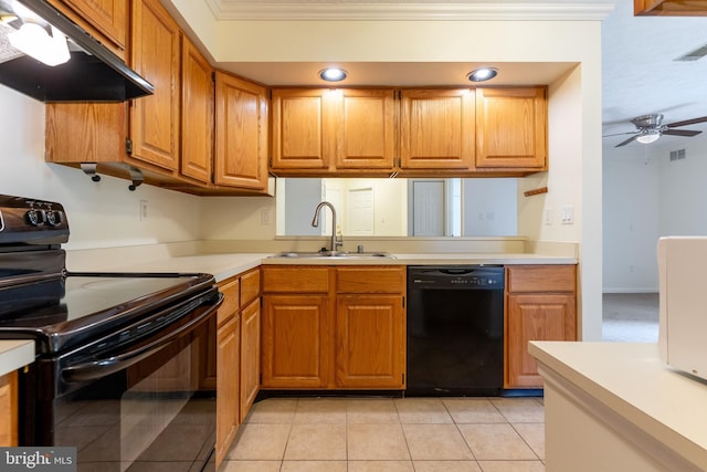12216 Eagles Nest Ct Unit G, Germantown, MD 20874 - kitchen with black appliances, under cabinet range hood, a sink, light countertops, and crown molding