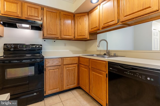 12216 Eagles Nest Ct Unit G, Germantown, MD 20874 - kitchen featuring black appliances, under cabinet range hood, a sink, light countertops, and light tile patterned floors