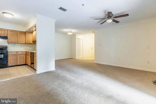 12216 Eagles Nest Ct Unit G, Germantown, MD 20874 - kitchen featuring stove, light colored carpet, crown molding, ceiling fan, and light countertops