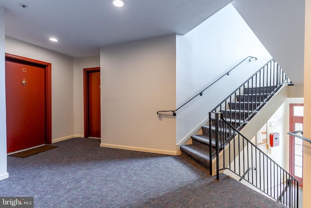 12216 Eagles Nest Ct Unit G, Germantown, MD 20874 - staircase featuring carpet, baseboards, and recessed lighting