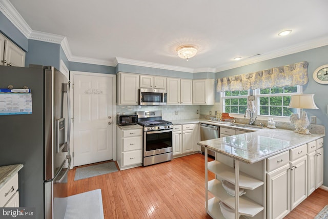 11115 Sceptre Ridge Ter, Germantown, MD 20876 - kitchen with stainless steel appliances, crown molding, light wood finished floors, a peninsula, and tasteful backsplash