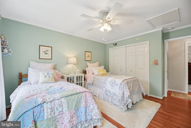 11115 Sceptre Ridge Ter, Germantown, MD 20876 - bedroom with a closet, wood finished floors, ornamental molding, and a ceiling fan