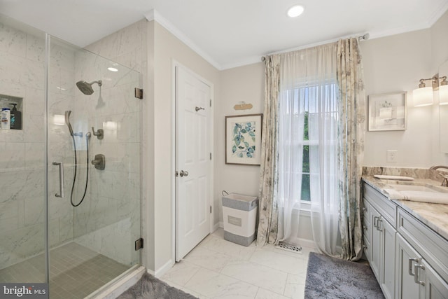11115 Sceptre Ridge Ter, Germantown, MD 20876 - full bathroom with ornamental molding, a stall shower, double vanity, recessed lighting, and marble look tile flooring