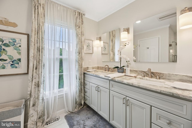 11115 Sceptre Ridge Ter, Germantown, MD 20876 - full bathroom featuring double vanity, plenty of natural light, crown molding, and a shower