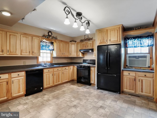 12417 Mount Savage Rd, Mount Savage, MD 21545 - kitchen with black appliances, under cabinet range hood, a sink, light brown cabinetry, and cooling unit