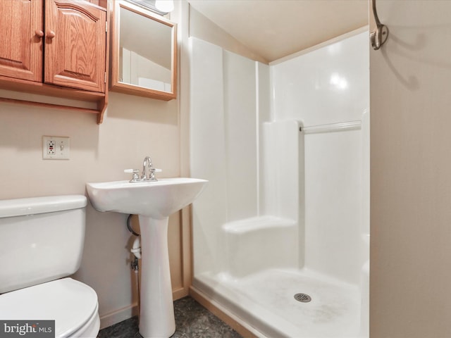 12417 Mount Savage Rd, Mount Savage, MD 21545 - full bathroom featuring a shower stall, baseboards, toilet, vaulted ceiling, and a sink