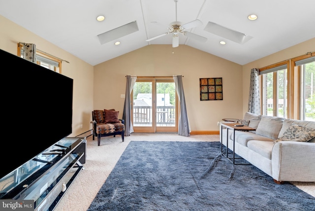 1143 Villanova Ave, Swarthmore, PA 19081 - carpeted living room featuring a skylight, plenty of natural light, ceiling fan, vaulted ceiling, and recessed lighting
