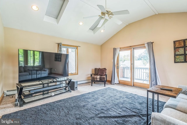 1143 Villanova Ave, Swarthmore, PA 19081 - living room with vaulted ceiling, a skylight, a ceiling fan, carpet floors, and baseboards