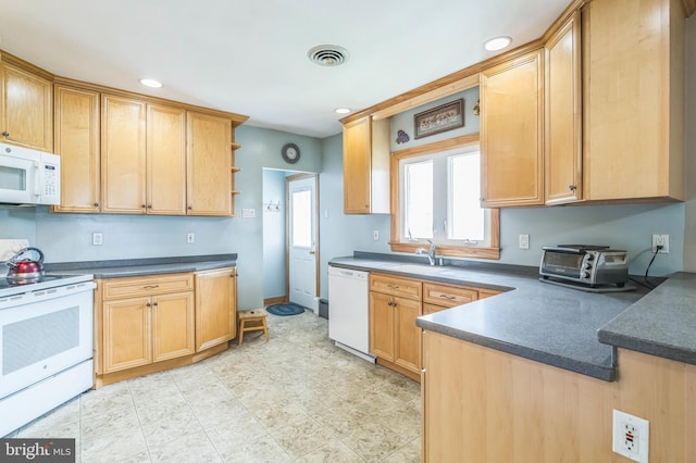 1143 Villanova Ave, Swarthmore, PA 19081 - kitchen with white appliances, a sink, open shelves, dark countertops, and recessed lighting
