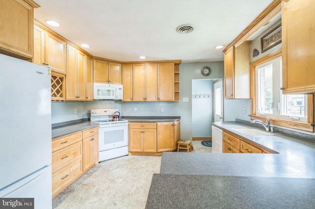 1143 Villanova Ave, Swarthmore, PA 19081 - kitchen featuring white appliances, a sink, open shelves, light brown cabinetry, and recessed lighting