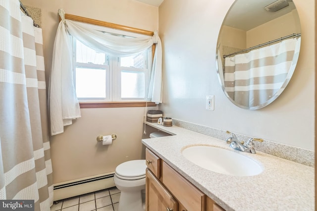 1143 Villanova Ave, Swarthmore, PA 19081 - full bathroom with a baseboard heating unit, tile patterned flooring, toilet, vanity, and a shower with curtain