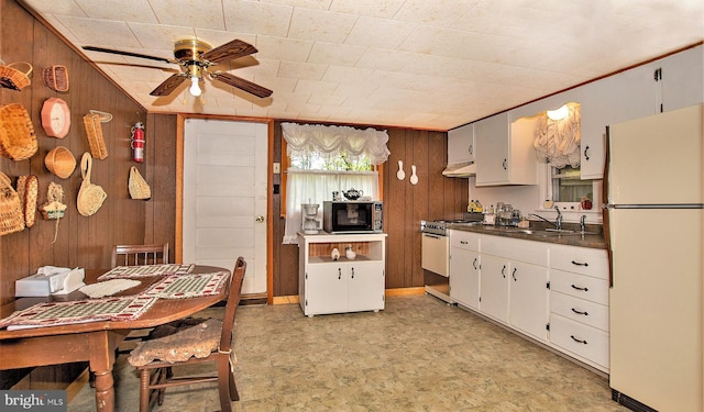 136 Camp Meeting Cir, Herndon, PA 17830 - kitchen featuring freestanding refrigerator, stove, a sink, wooden walls, and under cabinet range hood