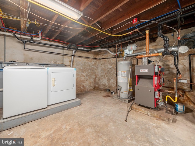 unfinished below grade area featuring gas water heater and washing machine and dryer