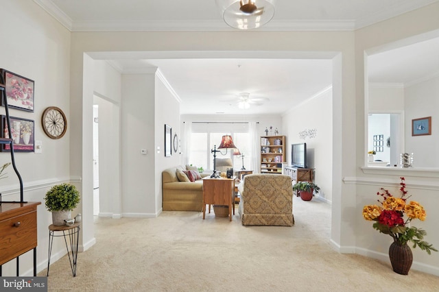 1009 Samantha Ln Unit 302, Odenton, MD 21113 - carpeted living room with ornamental molding, ceiling fan, and baseboards