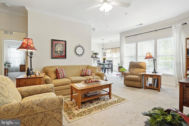 1009 Samantha Ln Unit 302, Odenton, MD 21113 - living area with carpet, plenty of natural light, ceiling fan, and ornamental molding