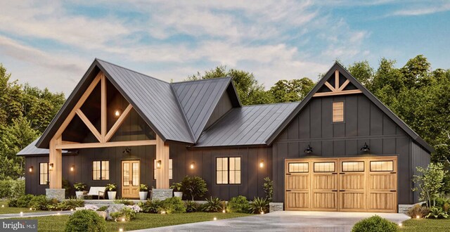 LOT9 Buck Mountain Rd, Bentonville, VA 22610 - view of front of house with board and batten siding, a garage, concrete driveway, and metal roof