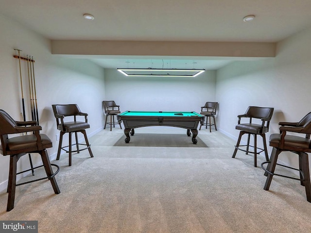 game room featuring carpet, billiards, and baseboards
