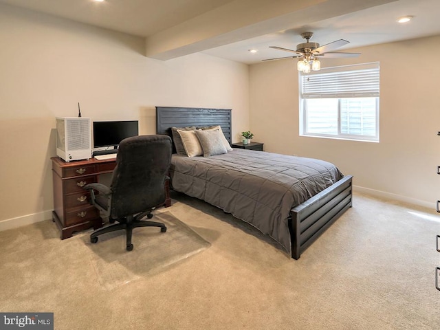 bedroom featuring baseboards, light carpet, a desk, recessed lighting, and a ceiling fan