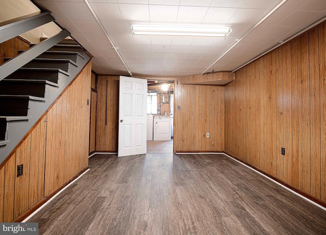 3565 Benzinger Rd, Baltimore, MD 21229 - below grade area with dark wood finished floors, wooden walls, independent washer and dryer, and stairs