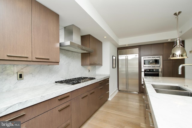 2818 Connecticut Ave NW Unit 503, Washington, DC 20008 - kitchen featuring wall chimney exhaust hood, built in appliances, a sink, decorative backsplash, and recessed lighting