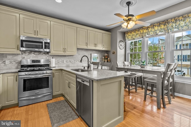 kitchen featuring stainless steel appliances, a sink, a peninsula, and light wood finished floors